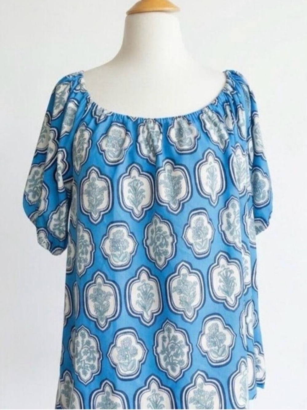 Blue Printed Off-Shoulder Tunic Top